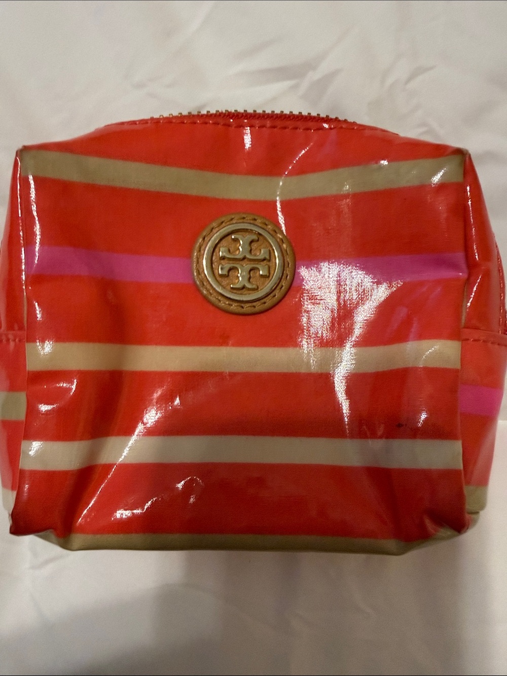 Tory Burch Coral Red Striped Cosmetic Case with Logo Medallion